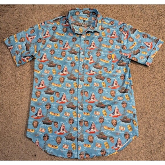 RARE Nine Line Jaws Beach is Closed All Over Print Button Shirt Men's L - Picture 1 of 6